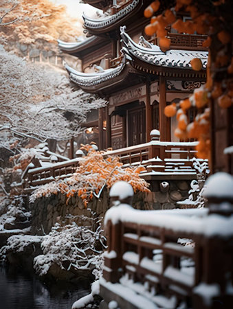 Hangzhou Yonggungsa Temple in winter with snow.の素材