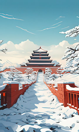 Winter landscape of ancient Chinese architecture in the park. Vector illustration.の素材