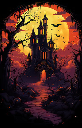 Halloween background with haunted castle and full moon. Vector illustration.の素材