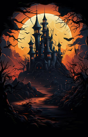 Halloween background with castle, spooky landscape, vector illustration.の素材