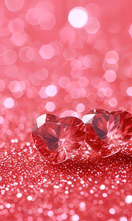 Valentines day background with hearts on red bokeh backgroundの素材