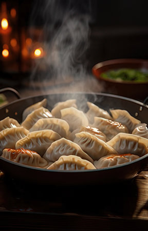 Fried dumplings in a frying pan on a dark backgroundの素材