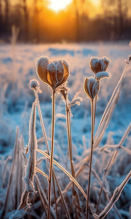 Beautiful winter landscape with frozen plants on the field at sunset.の素材