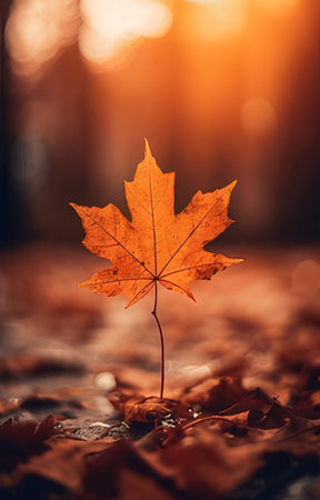 Autumn maple leaf in the forest at sunset. Nature background.の素材