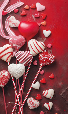 Valentines day background with candies and hearts. Top viewの素材