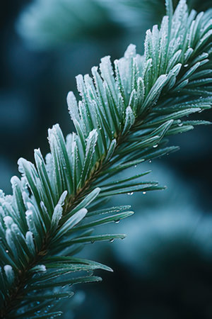 Frost on the branches of a spruce in the forest.の素材