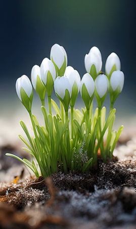 Beautiful snowdrop flowers growing in the forest. Early spring.の素材