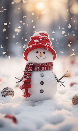 Snowman in a red hat and scarf standing in the snow with falling snowflakesの素材
