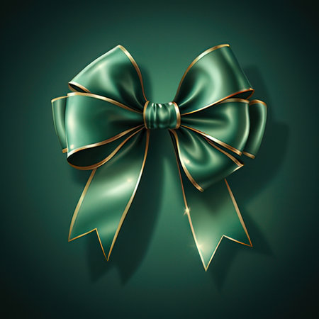 Golden bow with ribbon on a green background. 3d illustration.の素材