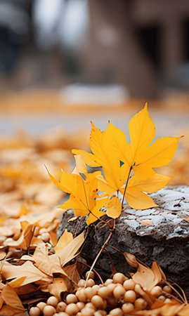 Autumn maple leaves on a tree stump. Selective focus.の素材