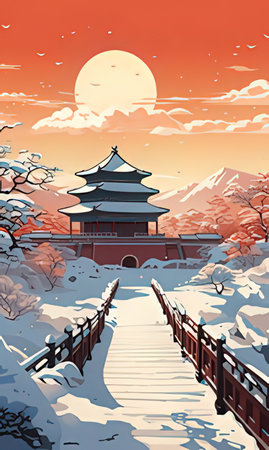 Korean traditional architecture in the winter season. Vector illustration in cartoon style.のeditorial素材