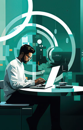 Vector illustration of a young man working on a laptop in the officeの素材