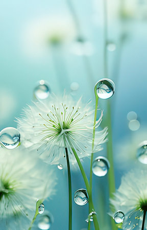Water drops on dandelion flower, close-up. Nature backgroundの素材