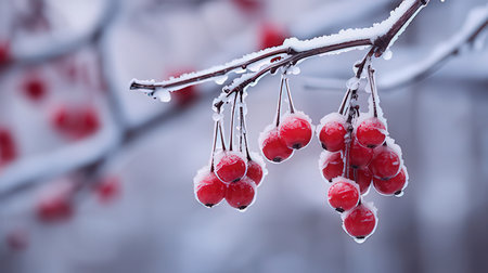 Frozen red berries on a branch in the snow. Winter backgroundの素材