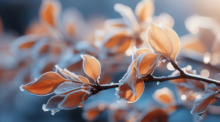 Frosty leaves on a tree branch in the early morning.の素材