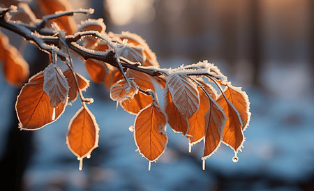 Frosted leaves in the winter forest. Beautiful nature background.の素材