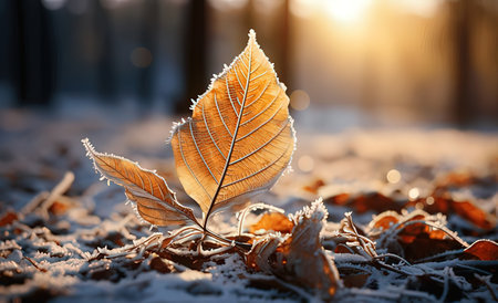 Frosty leaf on the ground at sunset. Beautiful winter backgroundの素材