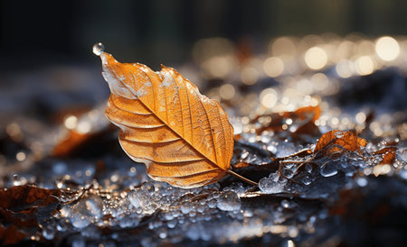 Autumn leaf on the ground covered with ice and dew dropsの素材