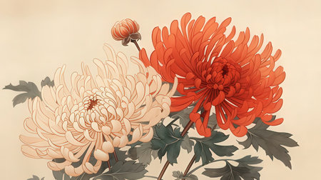 Chrysanthemum flowers in vintage style. Vector illustration.のeditorial素材