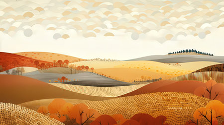 Autumn landscape with hills, trees and clouds. Vector illustration.の素材