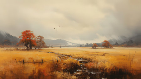 Autumn Landscape with trees in foggy meadow. Digital paintingの素材
