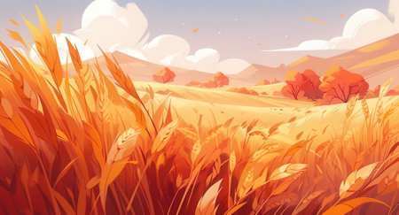 Autumn rural landscape with wheat field and hills. Vector illustration.の素材