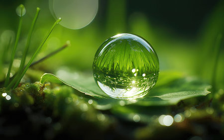 Green grass with water droplets in a crystal ball on a green backgroundの素材