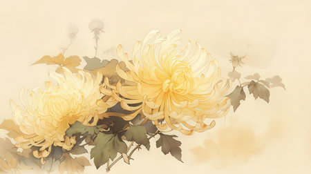 chrysanthemum flowers in watercolor style on a light backgroundのeditorial素材