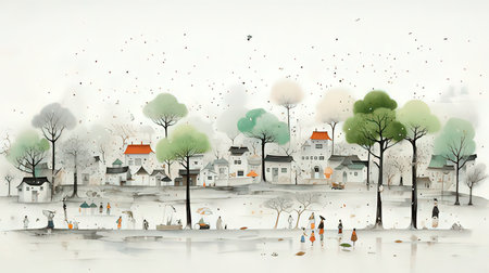 Watercolor illustration of a village with houses and trees in the countryside.の素材