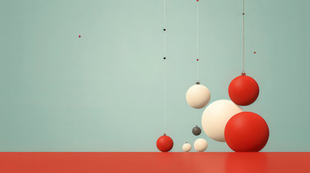 3D rendering of red and white christmas baubles hanging on strings.の素材