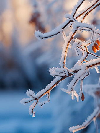 Frosted branches of a rowan in the winter forest.の素材