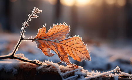 Frosty autumn leaf on a blurred background of the sun.の素材