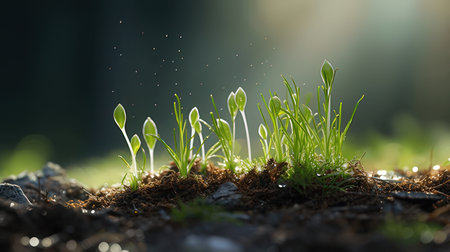 Green sprouts growing out of soil in the sun. Spring conceptの素材