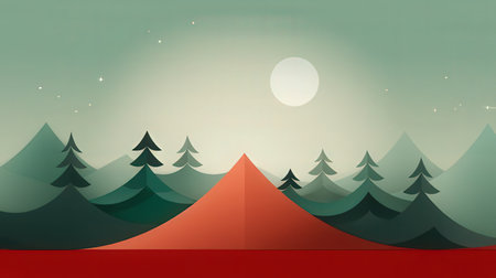 Mountain landscape with forest and red tent at night. Vector illustration.の素材