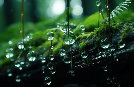 Water droplets on moss in the rainforest. Natural background.の素材