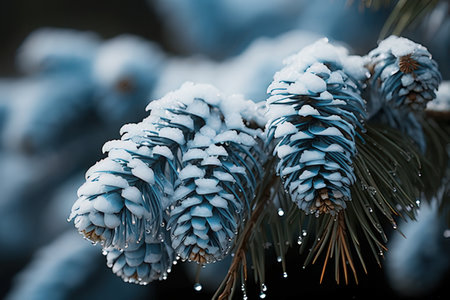 Pine branches covered with hoarfrost, close-up. Winter backgroundの素材