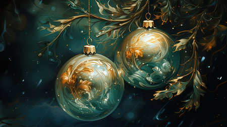 Christmas and New Year background with golden ornaments and floral ornamentの素材