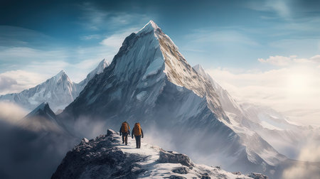 Couple of hikers on the top of a mountain. 3D Renderingの素材