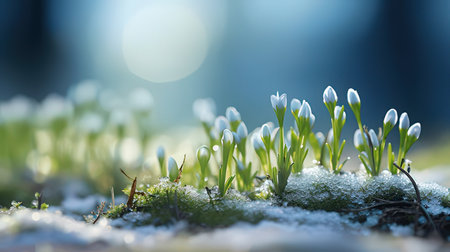 Close up of snowdrops in the forest with snowflakes.の素材