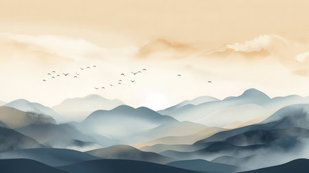Mountain landscape with birds flying in the sky, vector illustration.の素材