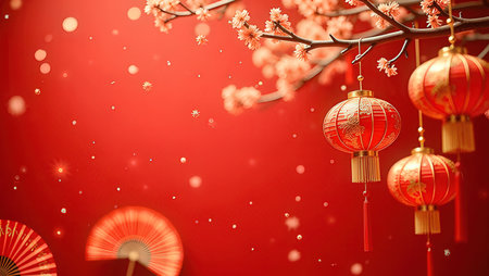 Chinese New Year background with red paper lanterns and cherry blossomの素材