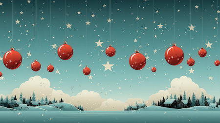 Winter landscape with snow and red christmas balls. Vector illustration.の素材