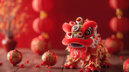 Chinese New Year decoration on wooden table with red background, close upの素材