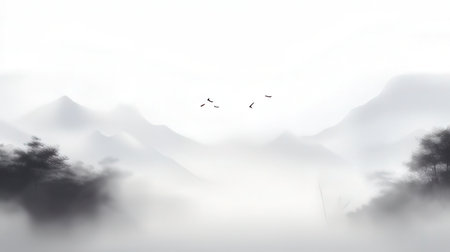 Mountains and birds flying in the fog, 3D illustration.の素材