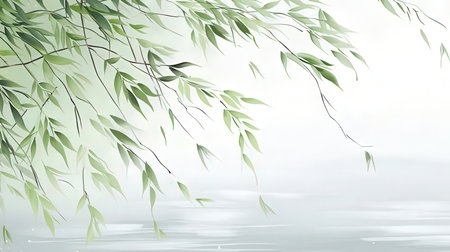 Bamboo leaves and water surface background. Realistic vector illustration.の素材