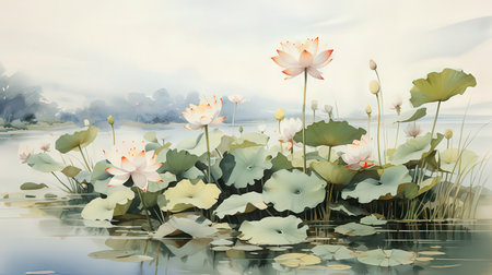 Lotus flower blooming in the pond,illustration painting.の素材
