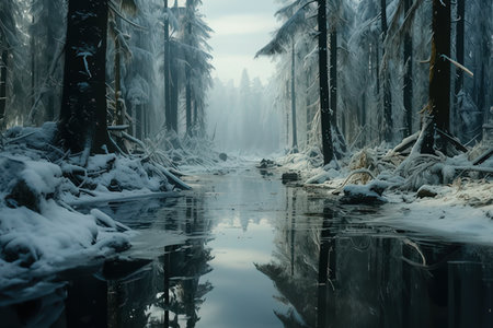 Frozen river in the winter forest. Beautiful winter landscape with frozen river.の素材