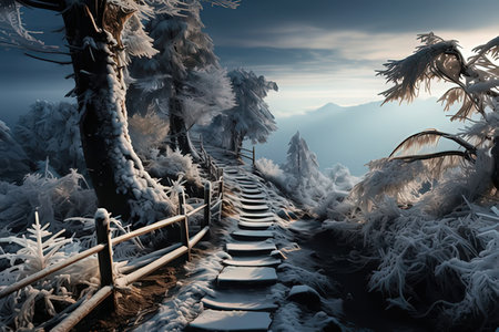 Beautiful winter landscape with snow covered trees and wooden stairs in the mountainsの素材