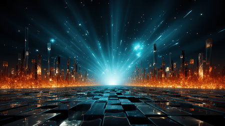 Futuristic city with glowing lights, 3d rendering toned imageの素材