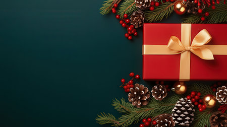 Christmas background with fir branches, cones and gift box on green backgroundの素材